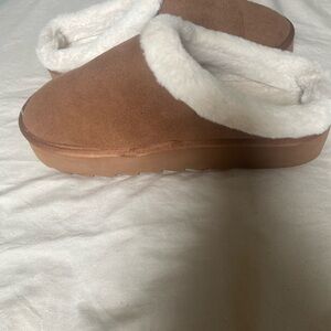 Plush Brown Slippers with Soft White Trim